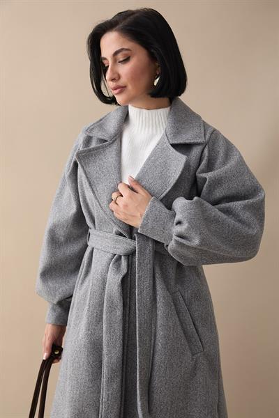 Kruvaze Balon Kol Kuşaklı Kırçıllı Açık Gri Kaşe Kaban