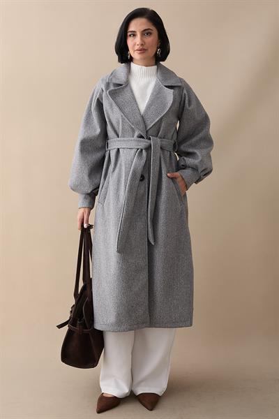 Kruvaze Balon Kol Kuşaklı Kırçıllı Açık Gri Kaşe Kaban