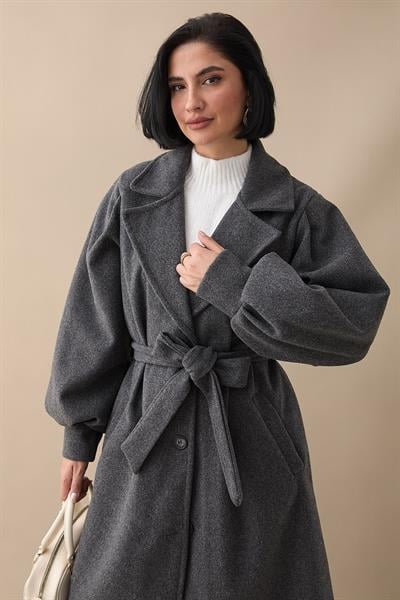 Kruvaze Balon Kol Kuşaklı Kırçıllı Antrasit Kaşe Kaban