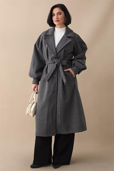 Kruvaze Balon Kol Kuşaklı Kırçıllı Antrasit Kaşe Kaban