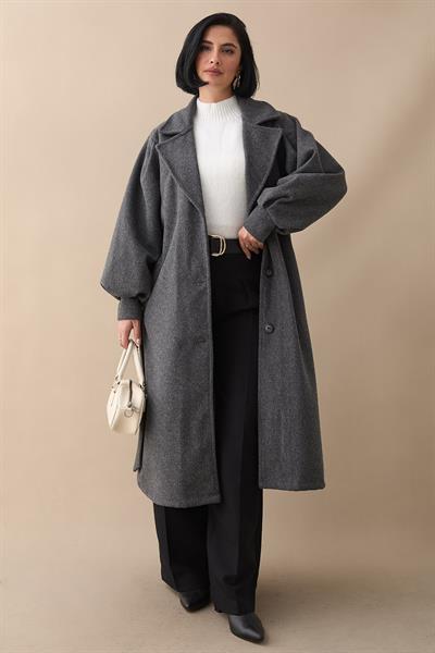 Kruvaze Balon Kol Kuşaklı Kırçıllı Antrasit Kaşe Kaban