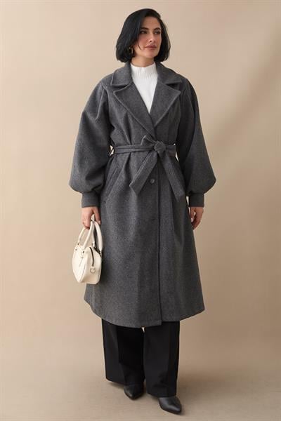 Kruvaze Balon Kol Kuşaklı Kırçıllı Antrasit Kaşe Kaban