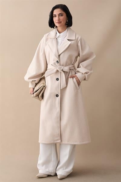 Kruvaze Balon Kol Kuşaklı Krem Kaşe Kaban