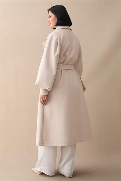 Kruvaze Balon Kol Kuşaklı Krem Kaşe Kaban