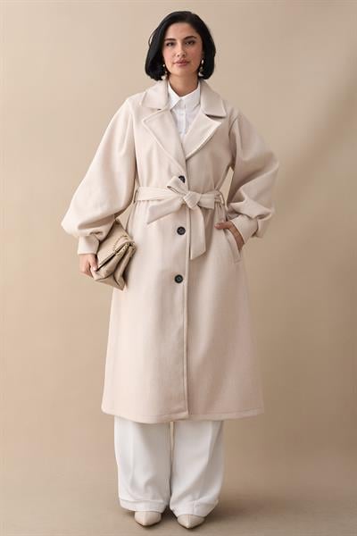 Kruvaze Balon Kol Kuşaklı Krem Kaşe Kaban