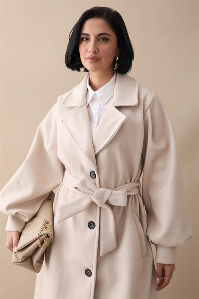 Kruvaze Balon Kol Kuşaklı Krem Kaşe Kaban