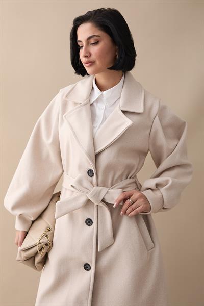 Kruvaze Balon Kol Kuşaklı Krem Kaşe Kaban