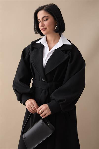 Kruvaze Balon Kol Kuşaklı Siyah Kaşe Kaban