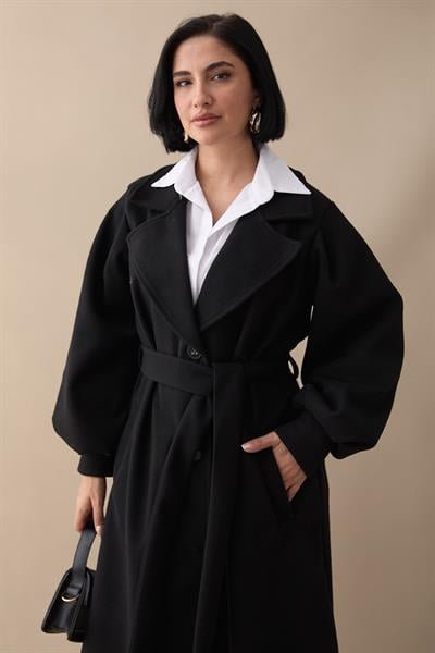 Kruvaze Balon Kol Kuşaklı Siyah Kaşe Kaban