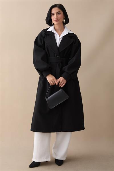 Kruvaze Balon Kol Kuşaklı Siyah Kaşe Kaban