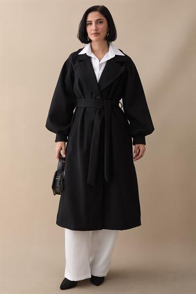 Kruvaze Balon Kol Kuşaklı Siyah Kaşe Kaban