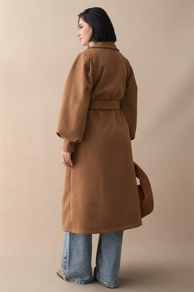 Kruvaze Balon Kol Kuşaklı Taba Kaşe Kaban