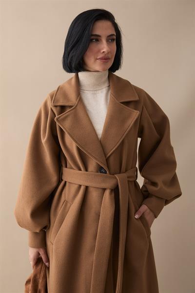 Kruvaze Balon Kol Kuşaklı Taba Kaşe Kaban