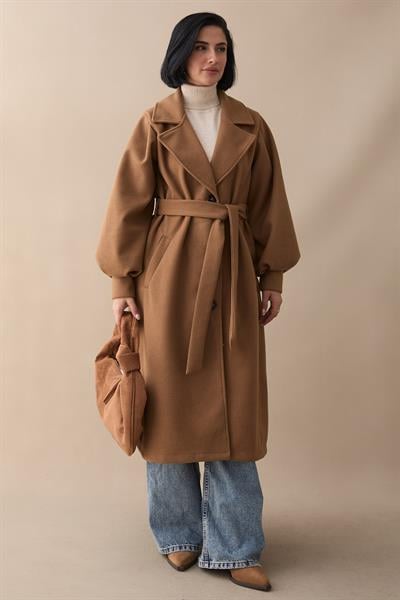 Kruvaze Balon Kol Kuşaklı Taba Kaşe Kaban