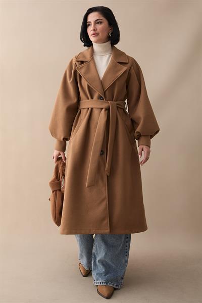 Kruvaze Balon Kol Kuşaklı Taba Kaşe Kaban