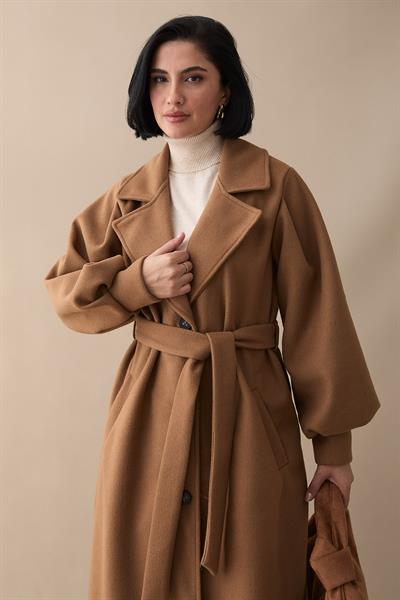 Kruvaze Balon Kol Kuşaklı Taba Kaşe Kaban