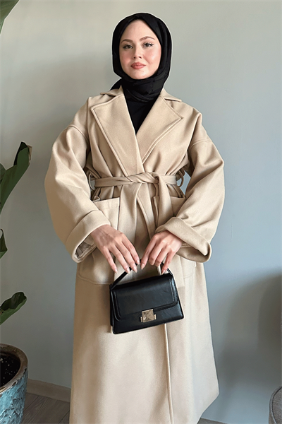 Kruvaze Geniş Kol Bej Kaşe Kaban