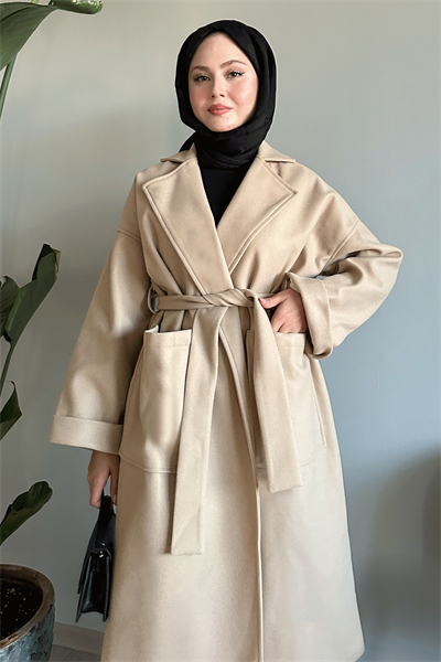 Kruvaze Geniş Kol Bej Kaşe Kaban