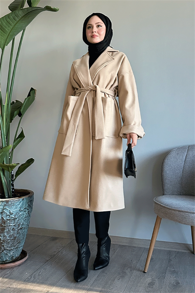 Kruvaze Geniş Kol Bej Kaşe Kaban