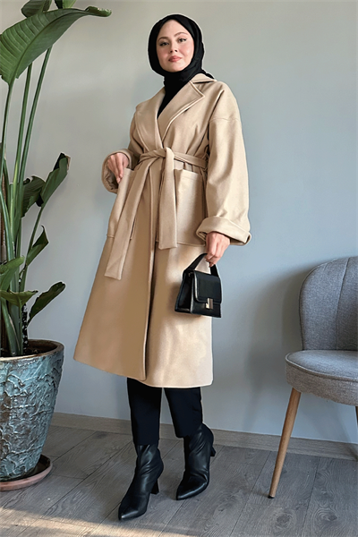 Kruvaze Geniş Kol Bej Kaşe Kaban
