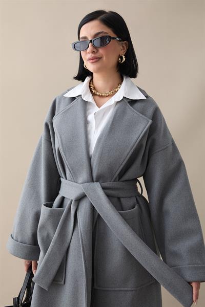 Kruvaze Geniş Kol Gri Kaşe Kaban