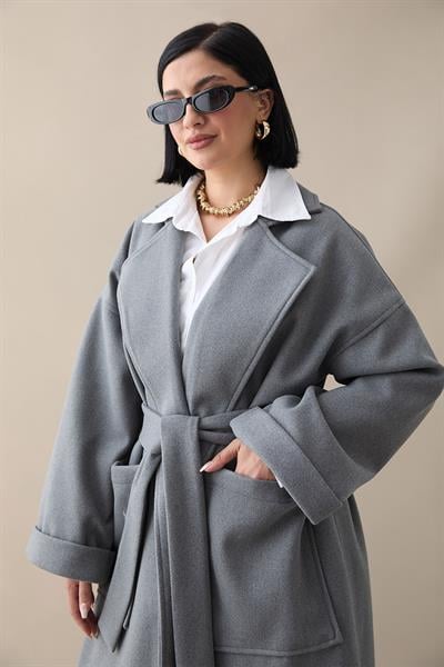 Kruvaze Geniş Kol Gri Kaşe Kaban