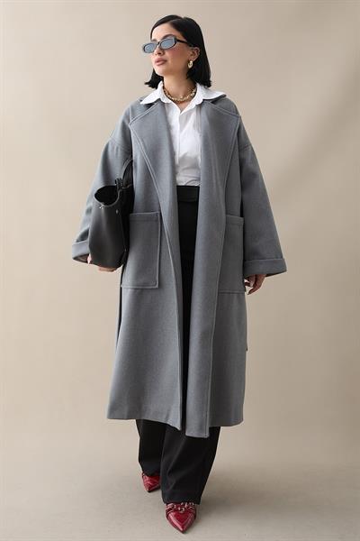 Kruvaze Geniş Kol Gri Kaşe Kaban