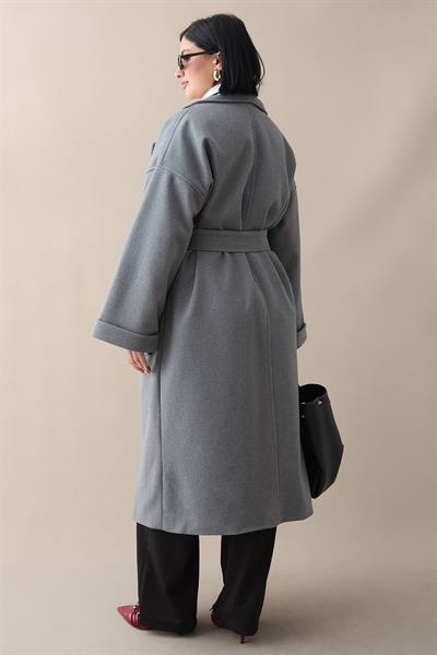 Kruvaze Geniş Kol Gri Kaşe Kaban