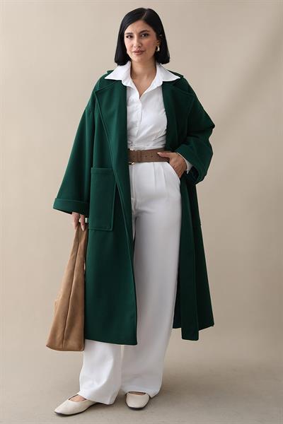 Kruvaze Geniş Kol Petrol Yeşili Kaşe Kaban