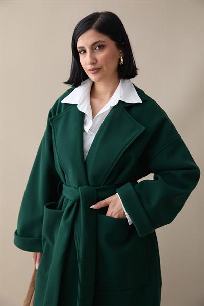 Kruvaze Geniş Kol Petrol Yeşili Kaşe Kaban