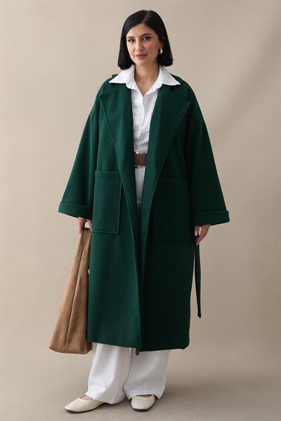 Kruvaze Geniş Kol Petrol Yeşili Kaşe Kaban