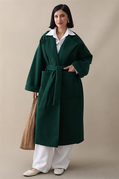 Kruvaze Geniş Kol Petrol Yeşili Kaşe Kaban