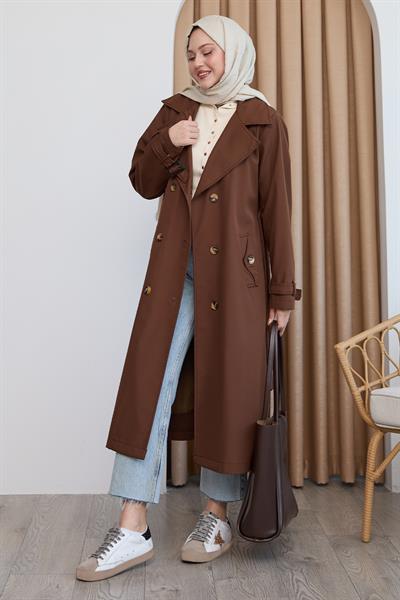 Kruvaze Yaka Kuşaklı Astarlı Acı Kahve Trençkot
