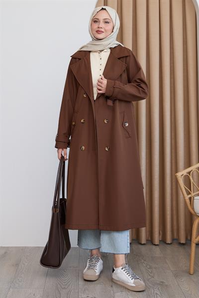 Kruvaze Yaka Kuşaklı Astarlı Acı Kahve Trençkot