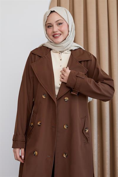 Kruvaze Yaka Kuşaklı Astarlı Acı Kahve Trençkot