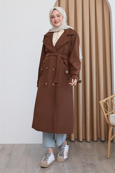 Kruvaze Yaka Kuşaklı Astarlı Acı Kahve Trençkot