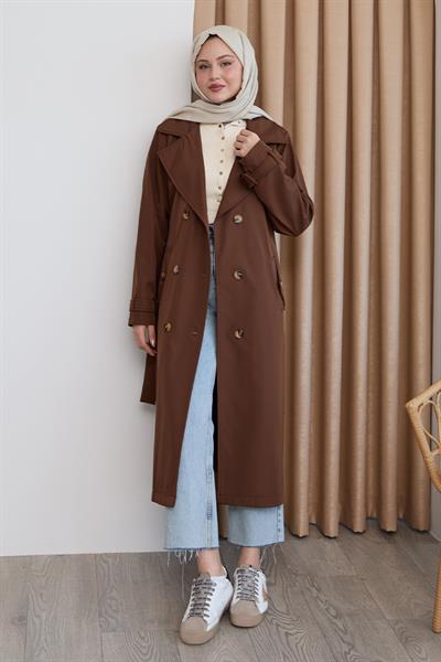 Kruvaze Yaka Kuşaklı Astarlı Acı Kahve Trençkot