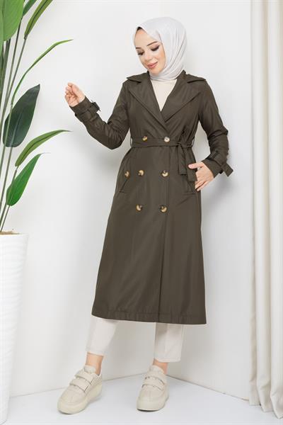 Kruvaze Yaka Kuşaklı Astarlı Haki Trençkot