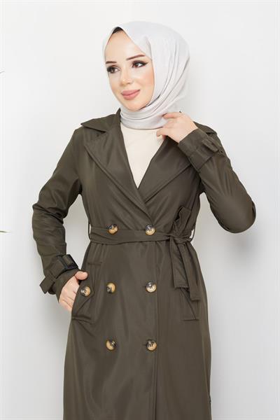 Kruvaze Yaka Kuşaklı Astarlı Haki Trençkot