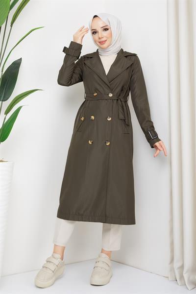Kruvaze Yaka Kuşaklı Astarlı Haki Trençkot