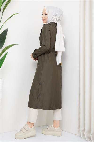 Kruvaze Yaka Kuşaklı Astarlı Haki Trençkot