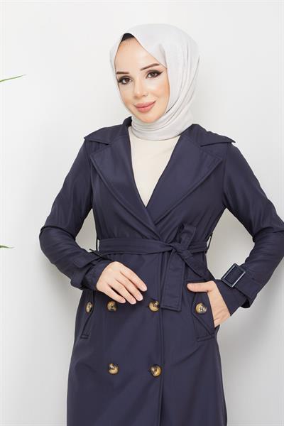Kruvaze Yaka Kuşaklı Astarlı Lacivert Trençkot