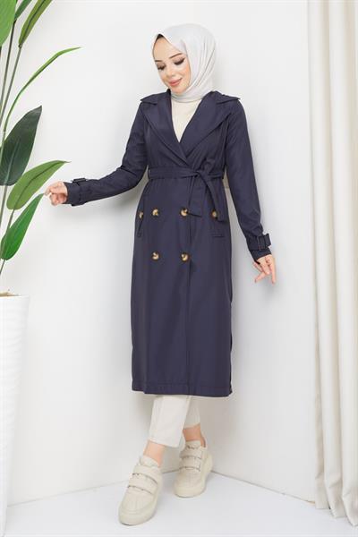 Kruvaze Yaka Kuşaklı Astarlı Lacivert Trençkot