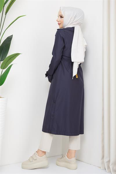 Kruvaze Yaka Kuşaklı Astarlı Lacivert Trençkot