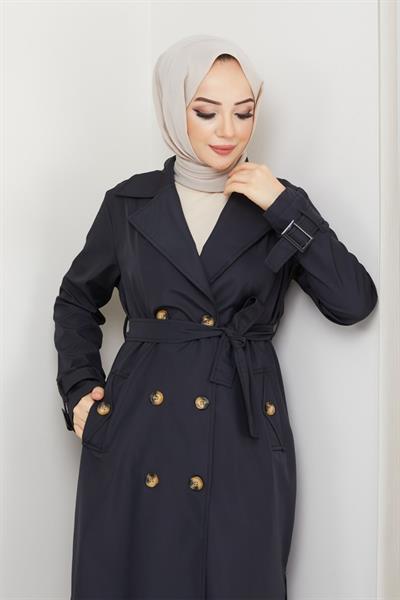 Kruvaze Yaka Kuşaklı Astarlı Siyah Trençkot