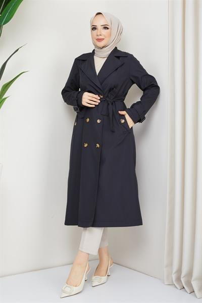 Kruvaze Yaka Kuşaklı Astarlı Siyah Trençkot