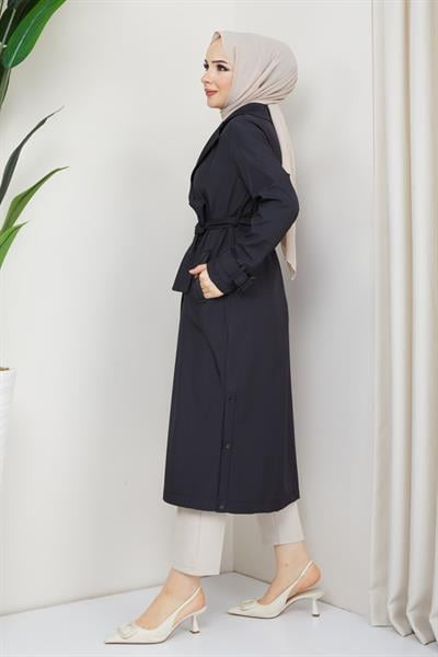 Kruvaze Yaka Kuşaklı Astarlı Siyah Trençkot