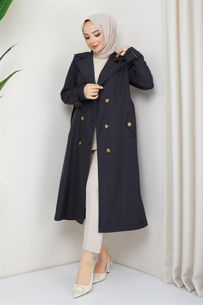 Kruvaze Yaka Kuşaklı Astarlı Siyah Trençkot