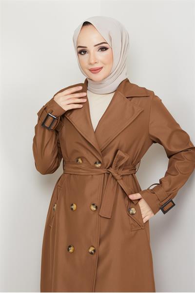 Kruvaze Yaka Kuşaklı Astarlı Taba Trençkot