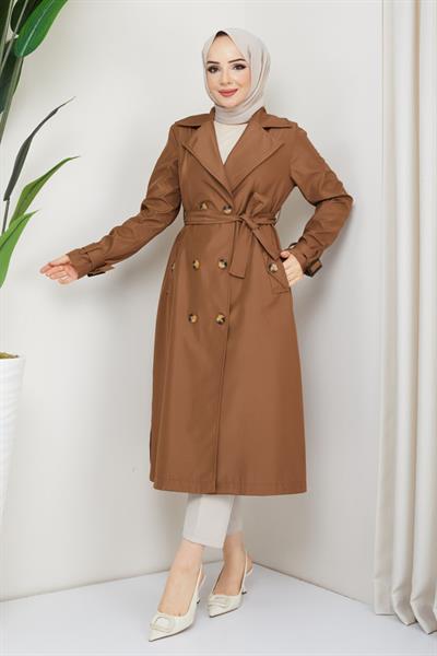 Kruvaze Yaka Kuşaklı Astarlı Taba Trençkot